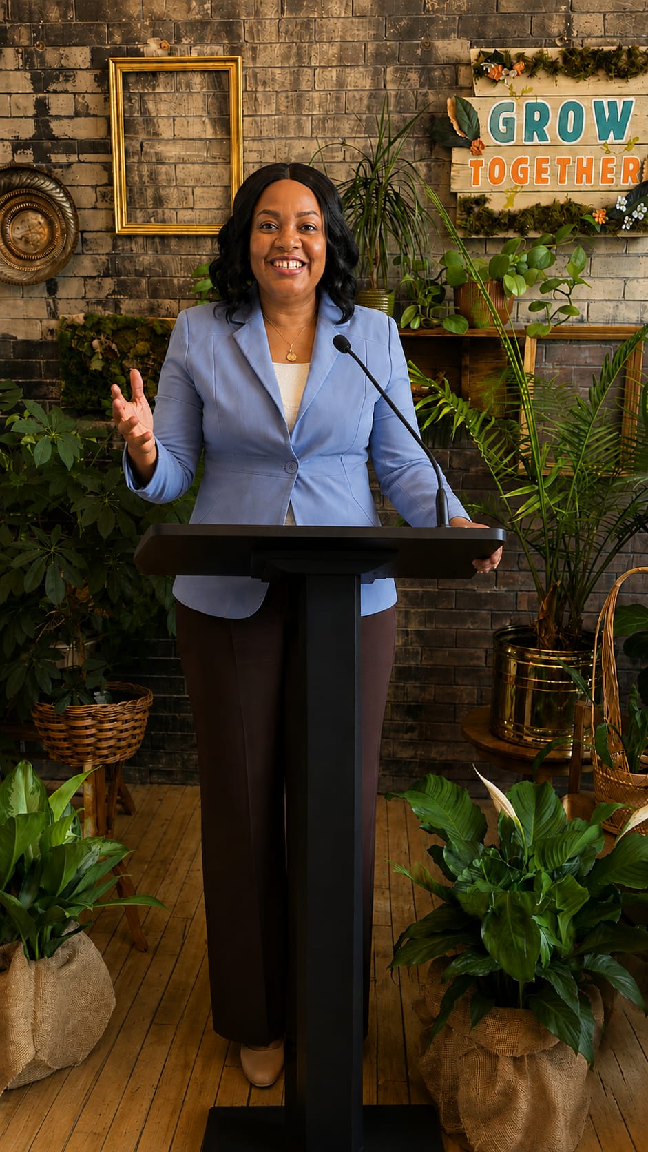 Nadia in a blue blazer speaking behind a lectern surrounded by plants beneath a Grow Together sign