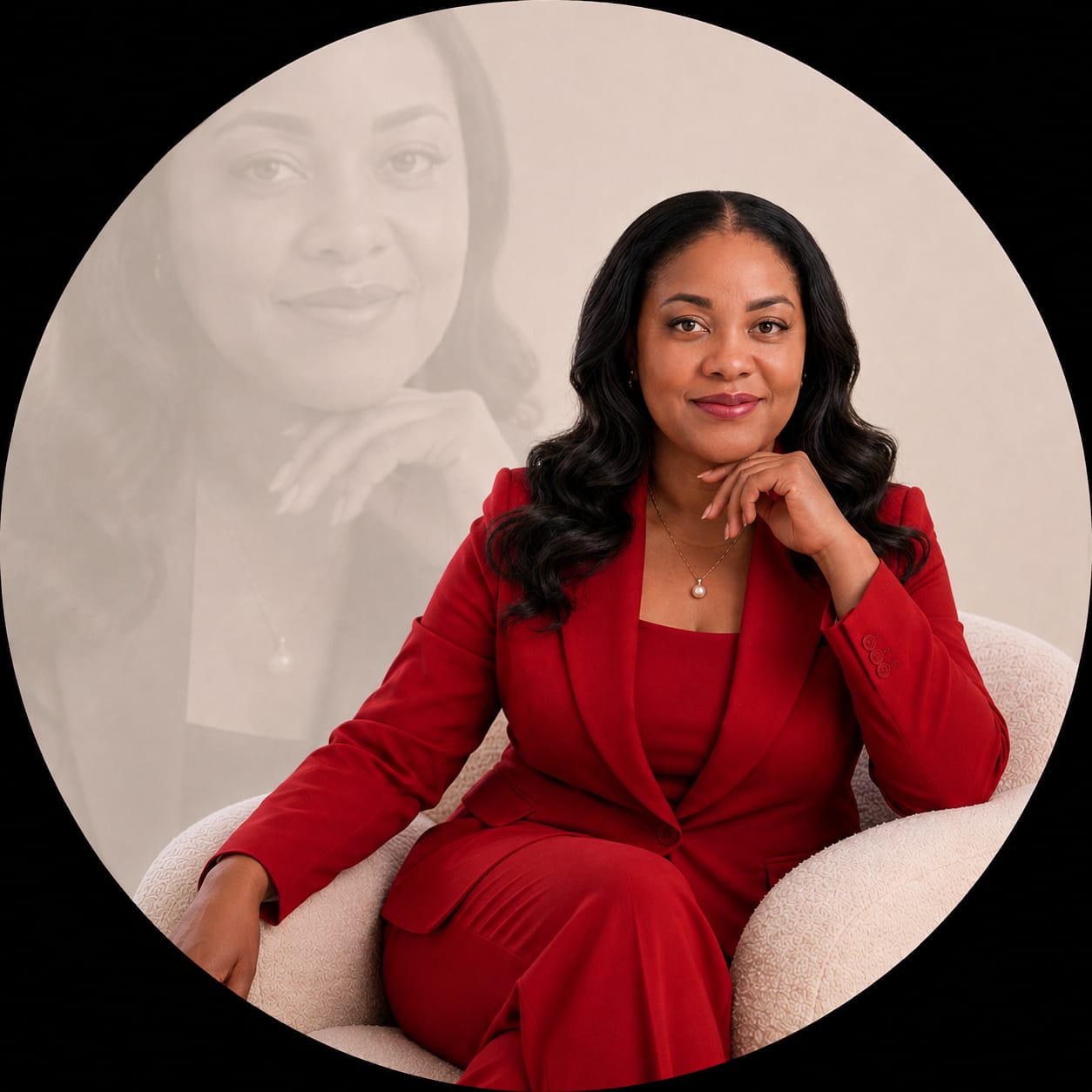 Nadia McCormack-McIntyre seated, wearing a red suit